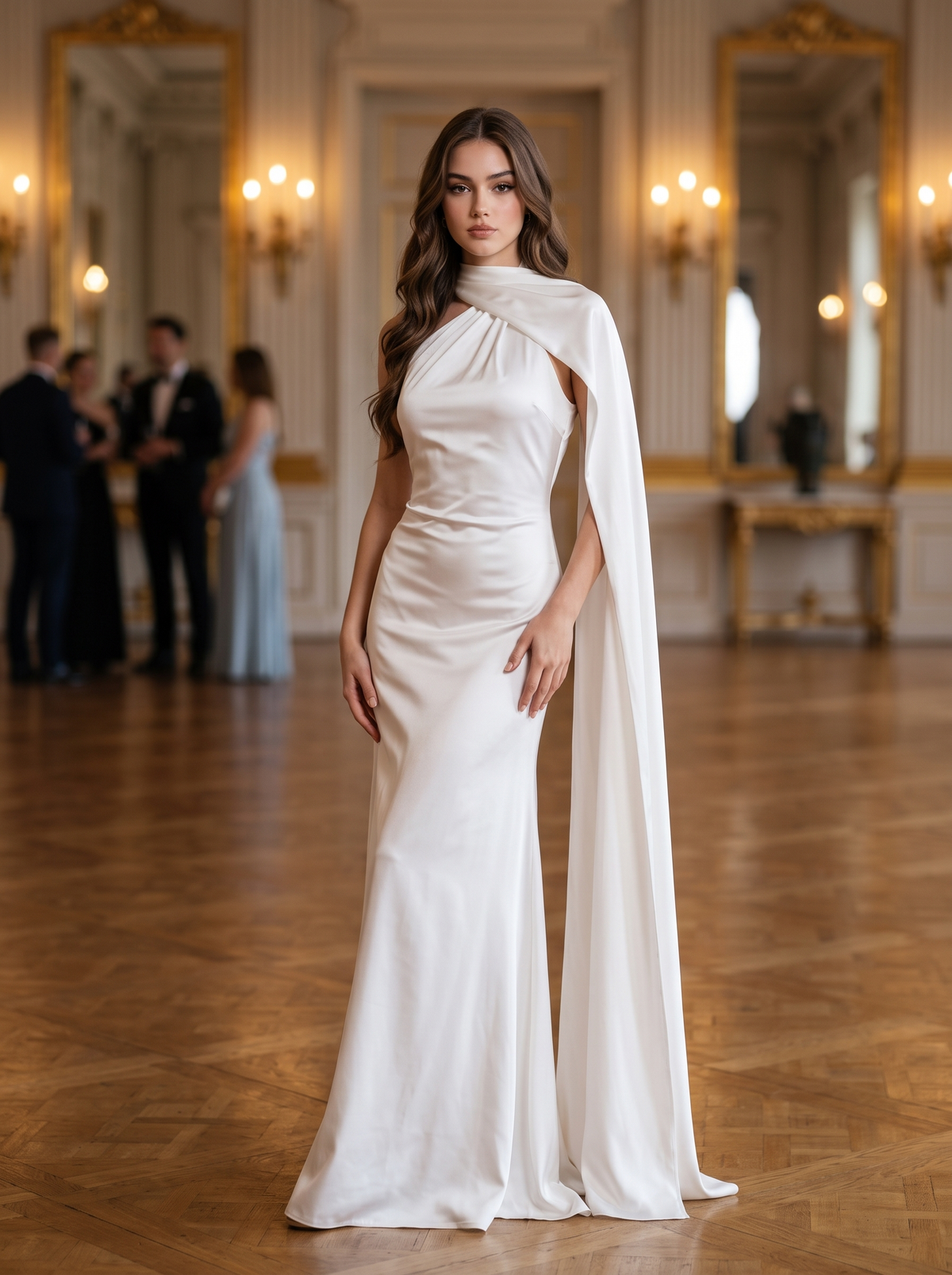 Capucine – Robe longue en satin à écharpe