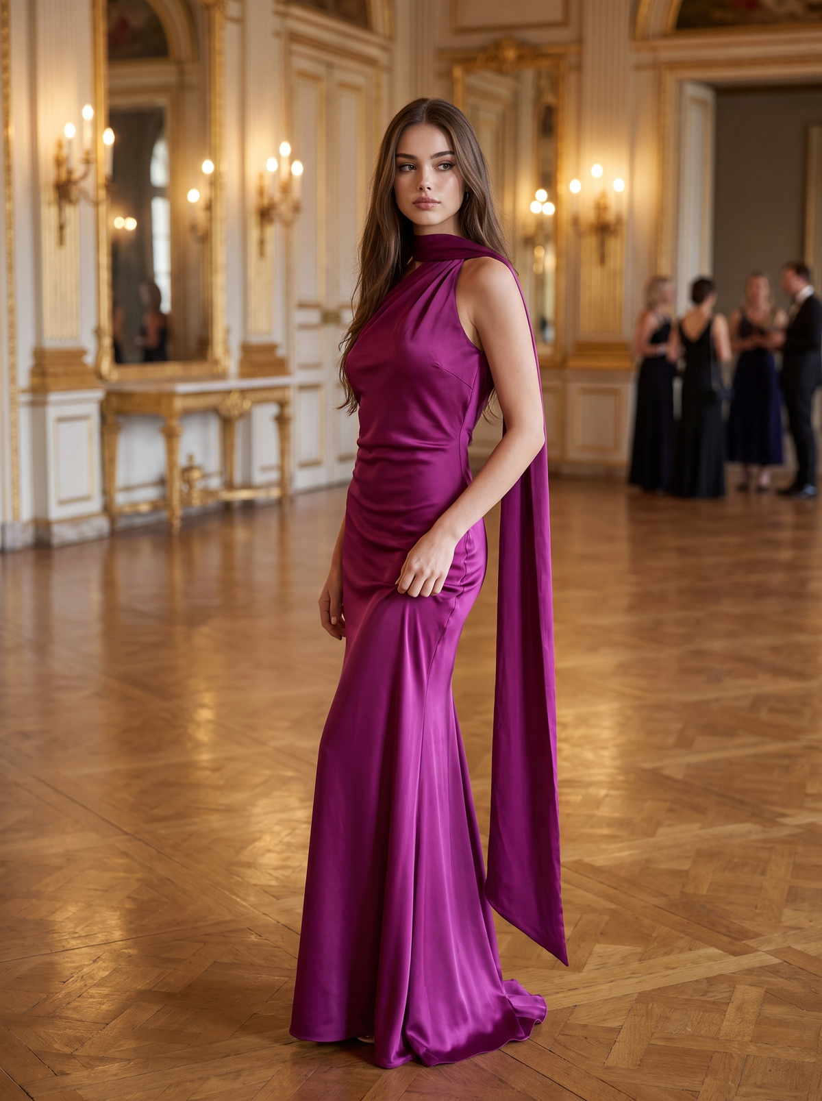 Capucine – Robe longue en satin à écharpe