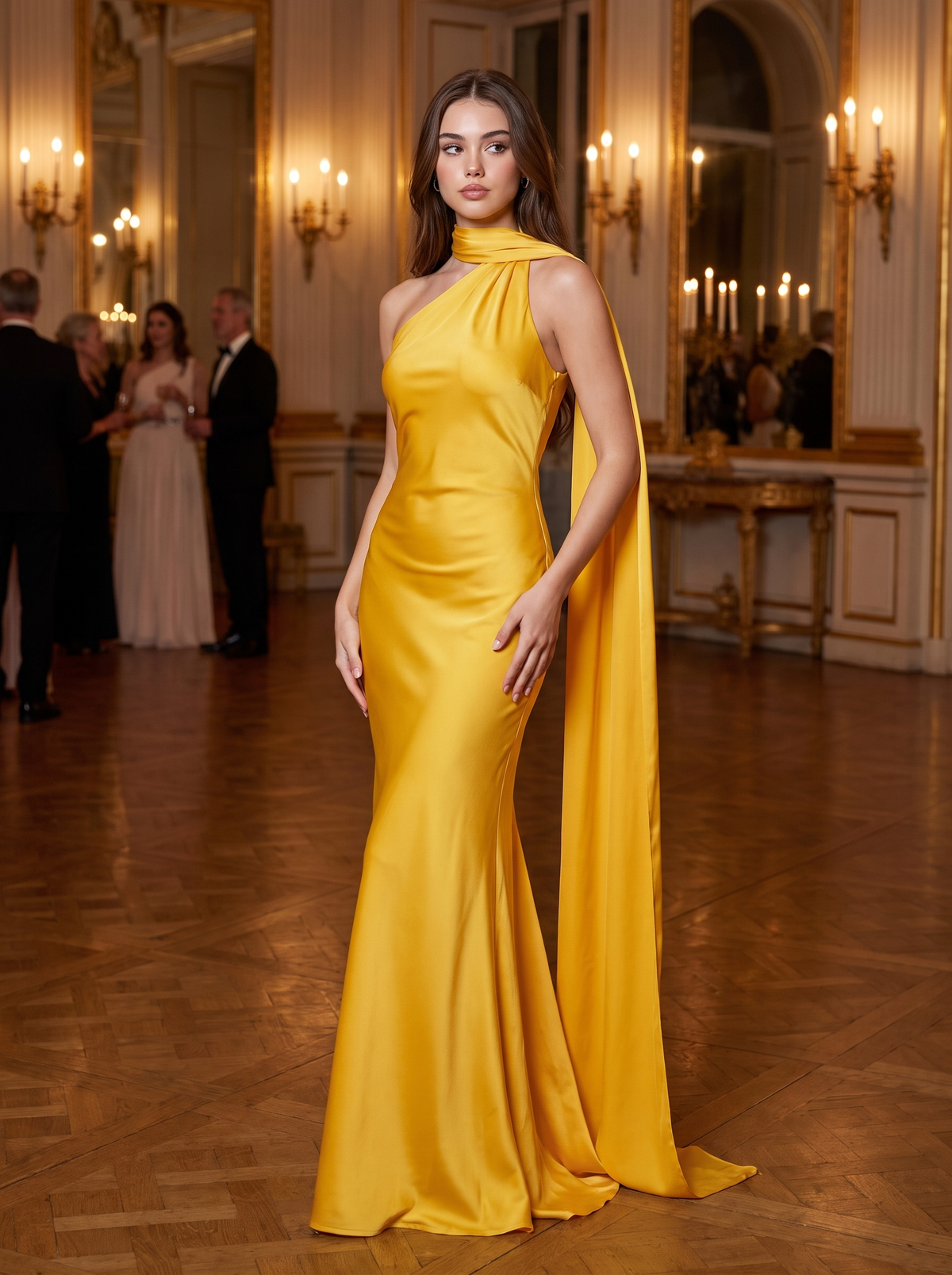 Capucine – Robe longue en satin à écharpe