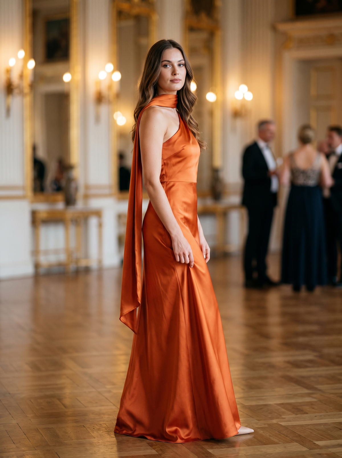 Capucine – Robe longue en satin à écharpe