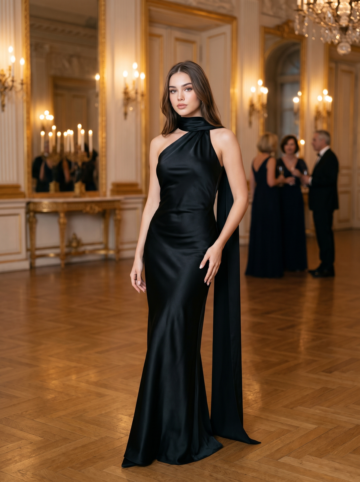 Capucine – Robe longue en satin à écharpe