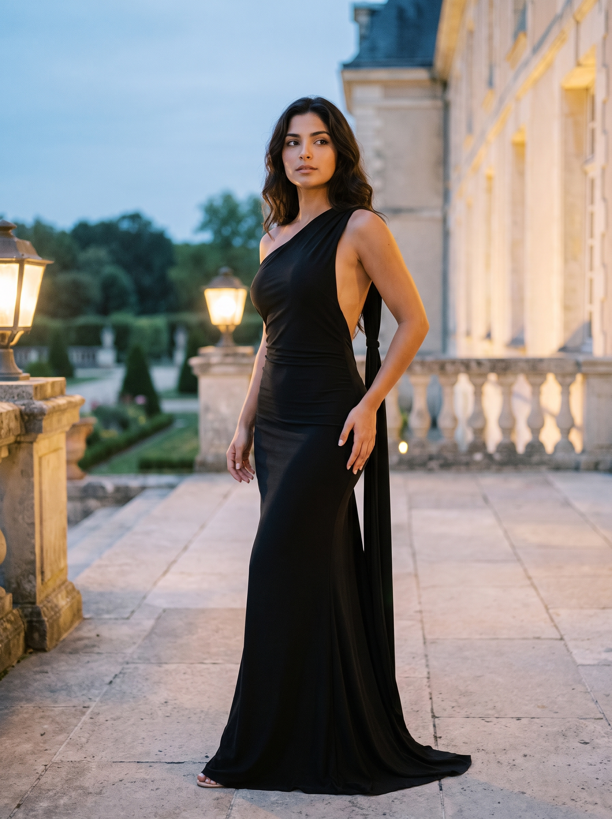 Héloïse – Robe longue une épaule à écharpe