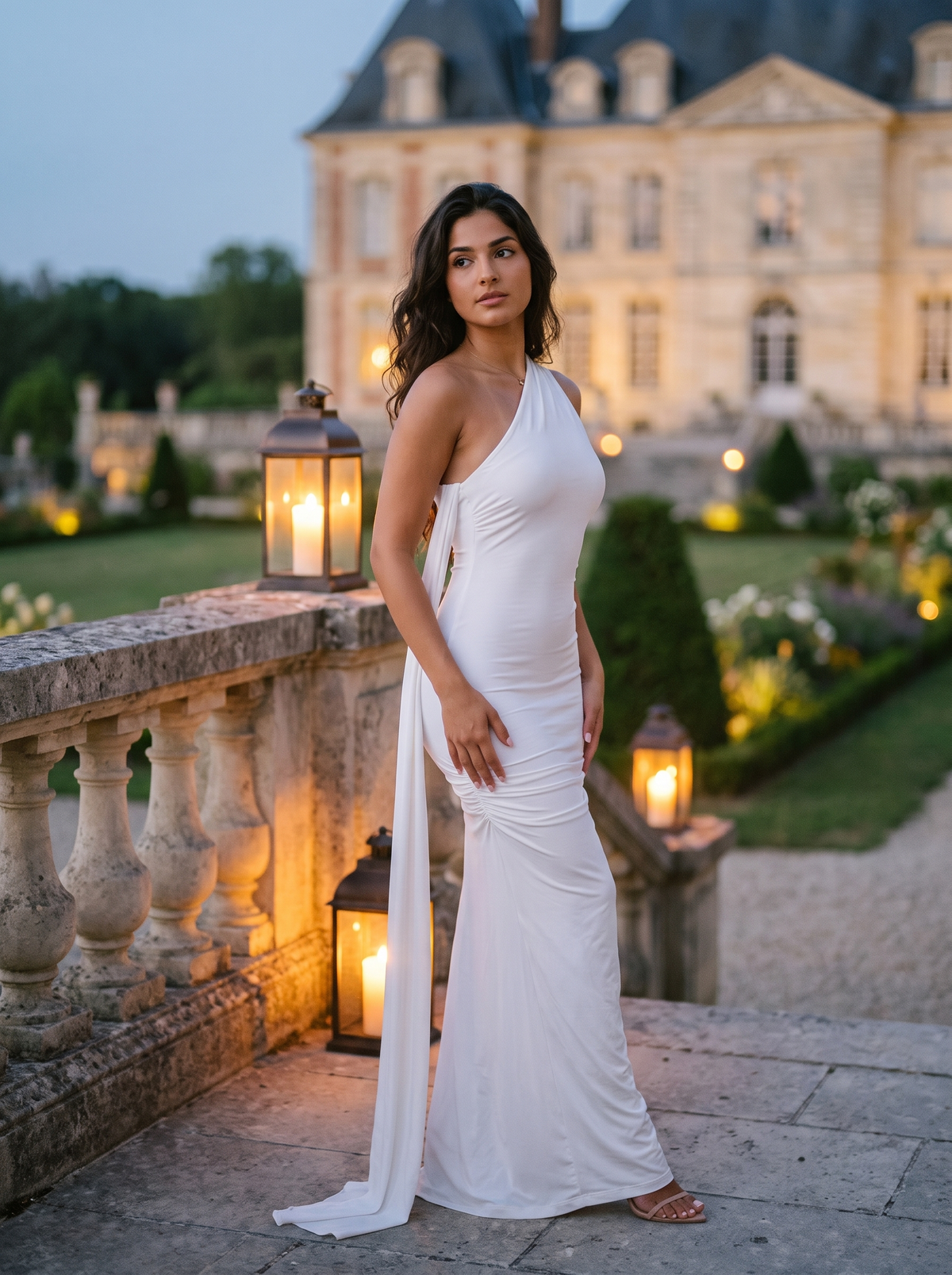Héloïse – Robe longue une épaule à écharpe