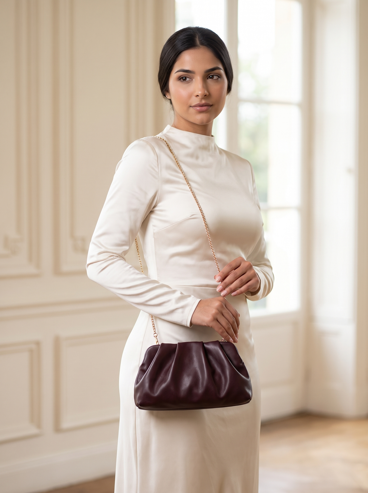 Pochette plissée Nuage – Bordeaux – portée