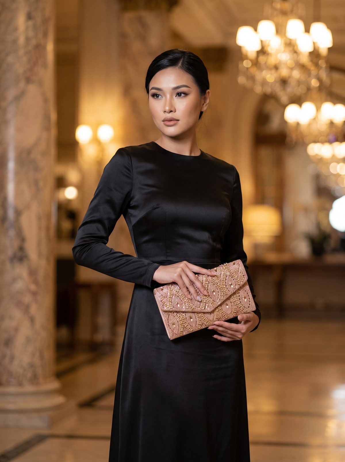 Pochette Scintille à strass – Champagne – portée