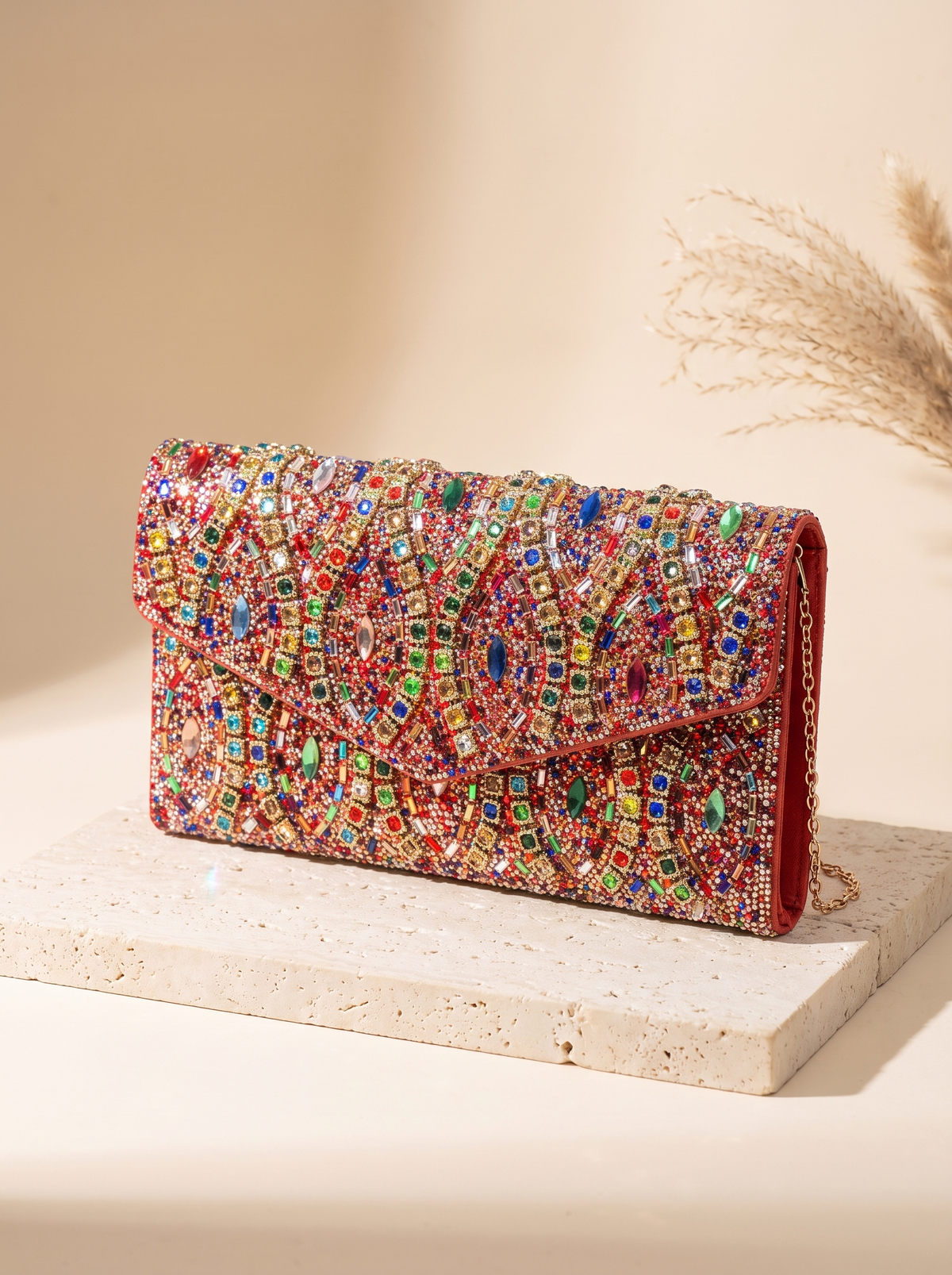 Pochette Scintille à strass – Rose multicolore – détail produit