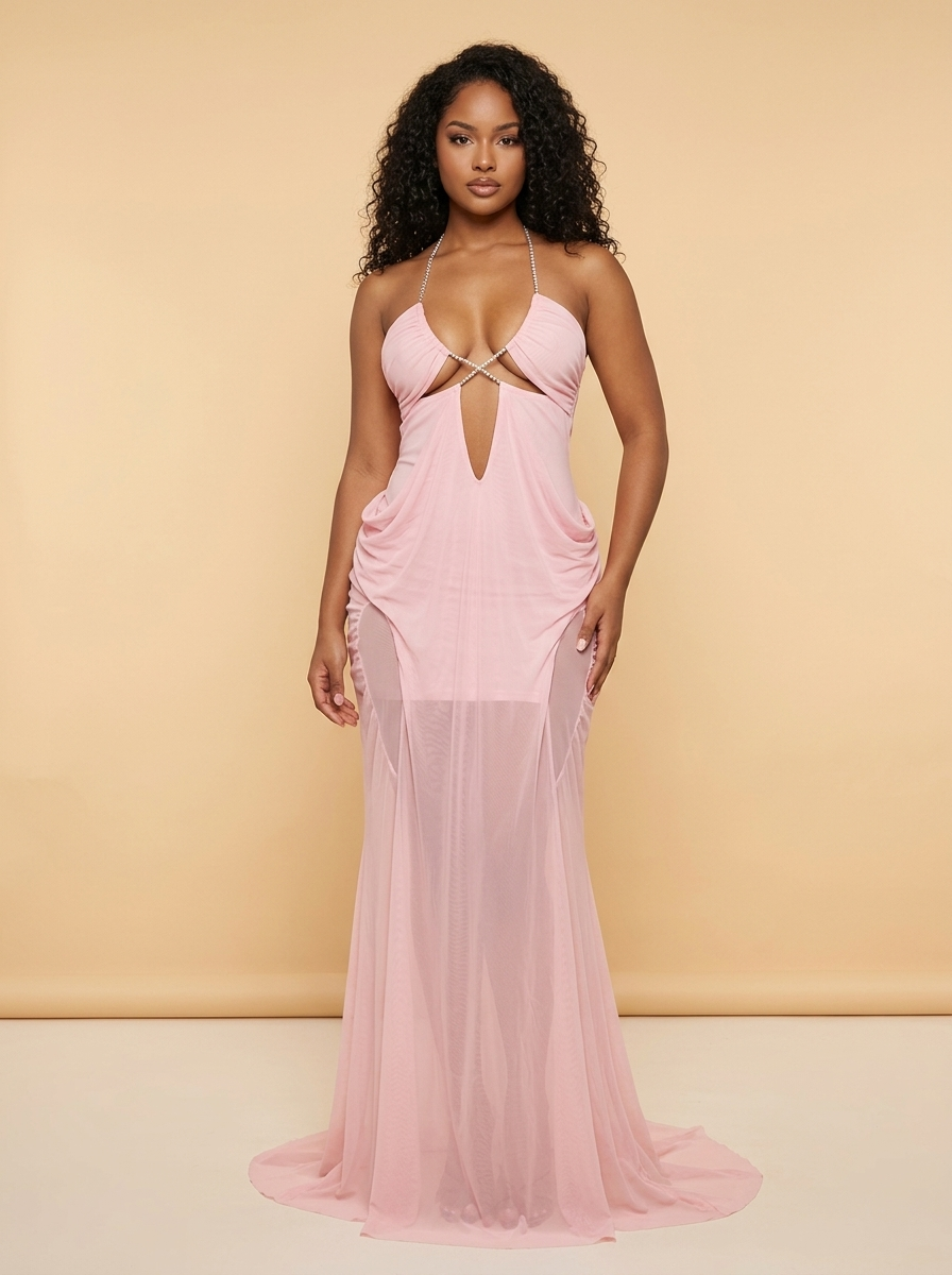 Ondine – robe longue en tulle et strass, rose