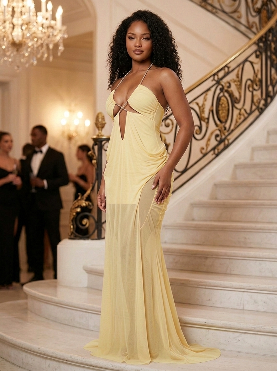 Ondine – robe longue en tulle et strass, jaune, en soirée
